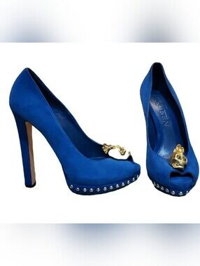 Alexander McQueen Blue Suede High Heel Peep-Toe Pumps with Gold Skull Accent